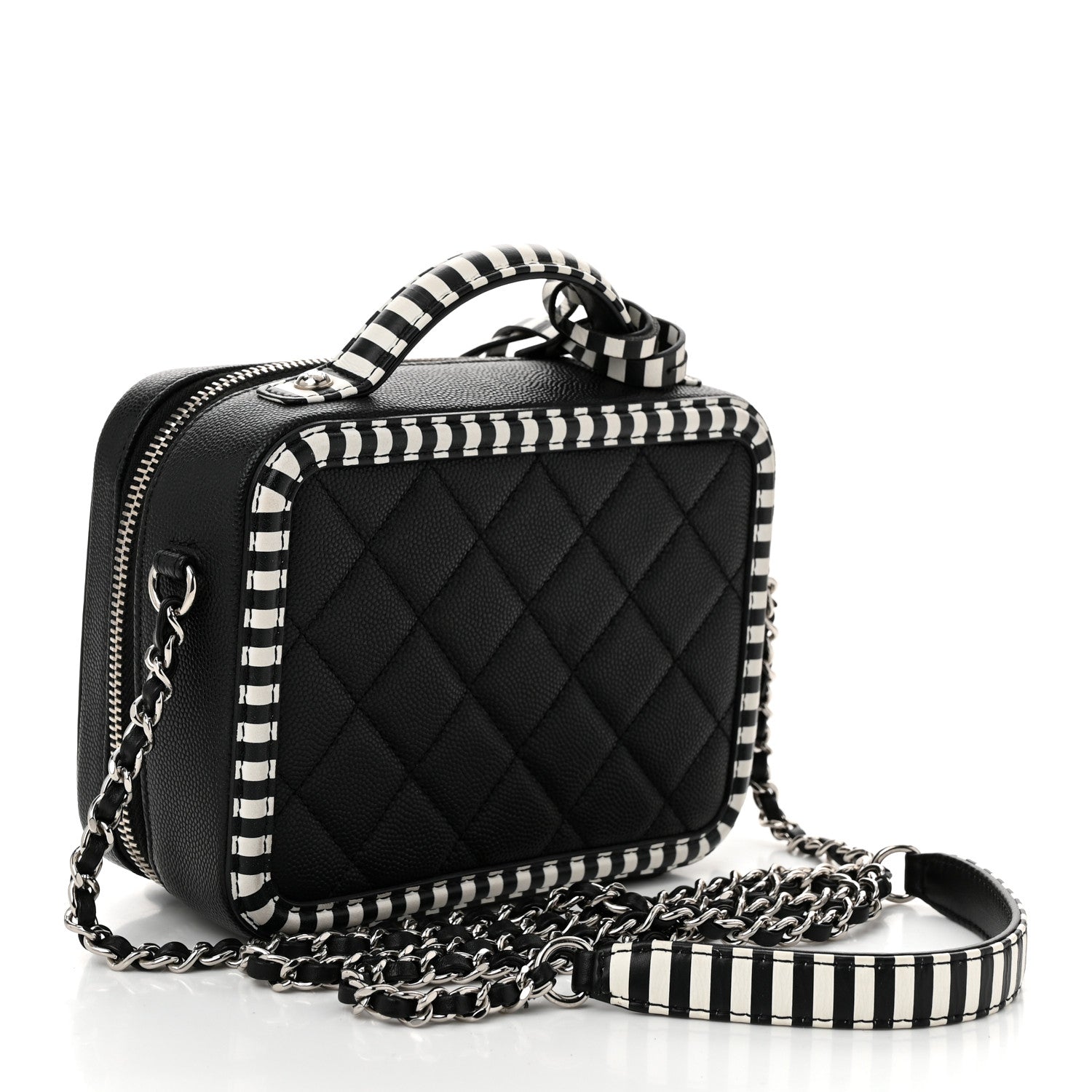 Chanel Caviar Quilted Striped Small CC Filigree Vanity Case Black White 3 of 10