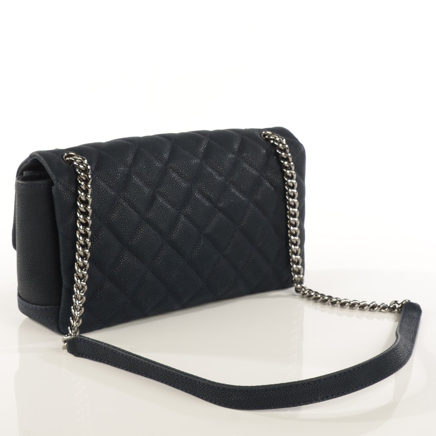 Iridescent Caviar Quilted Medium Lady Pearly Flap Navy Blue