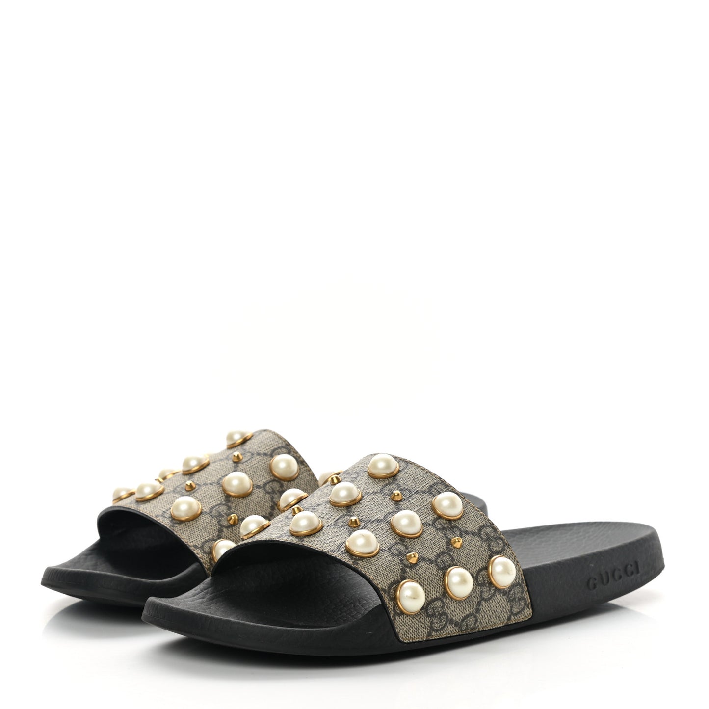 GG Supreme Monogram Pearls Slide Sandals 41 Beige