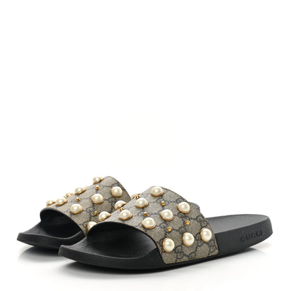 Gucci GG Supreme Monogram Pearls Slide Sandals 41 Beige 3 of 13