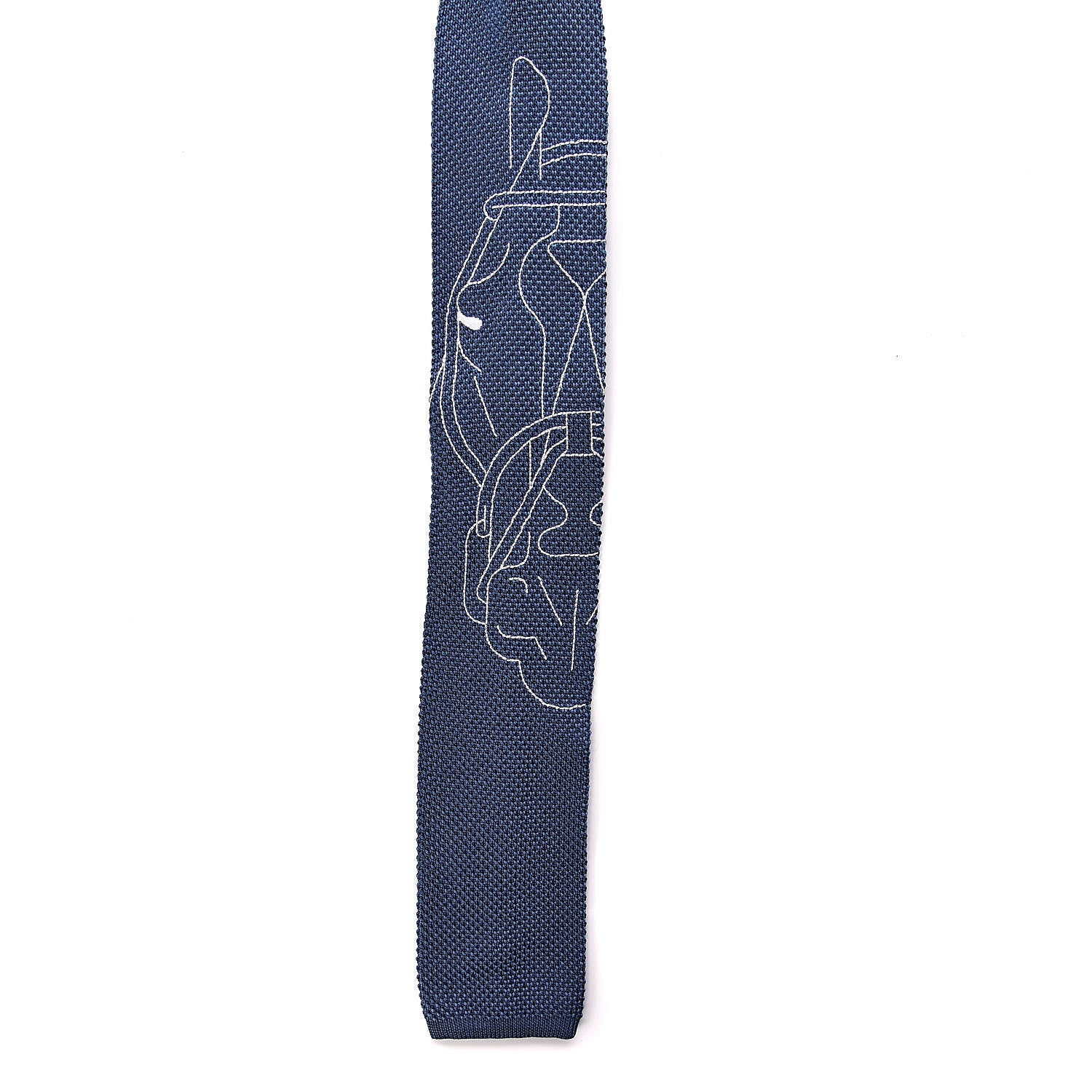 Hermes Silk Mens Tete A Tete Equestre Cravate Tricot Neck Tie Blue Jean Blanc 3 of 5