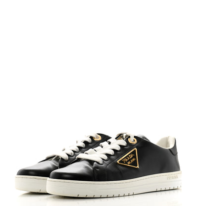 Prada Vitello Soft Metal Triangle Logo Womens Edge Low Top 30mm Sneakers 39 Black White 4 of 8