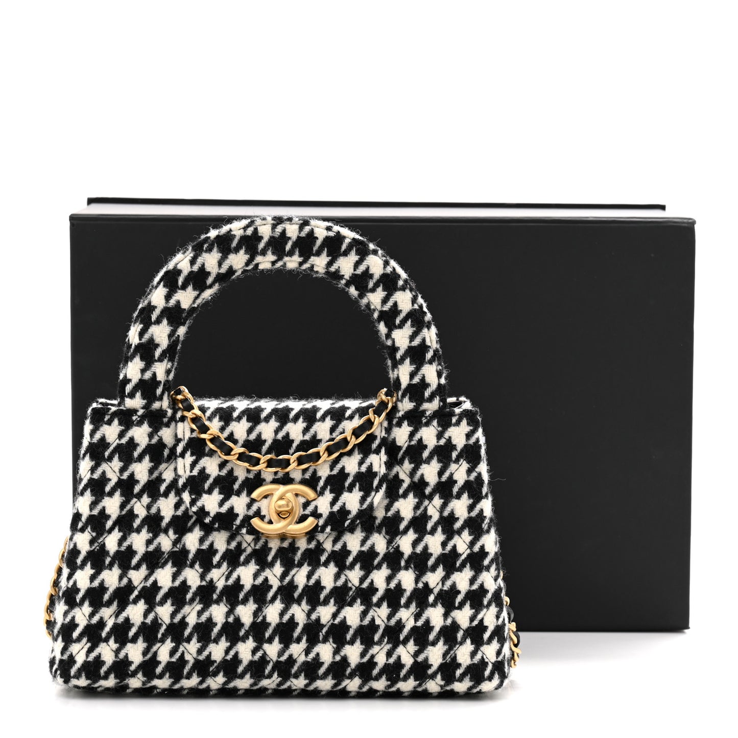 Tweed Houndstooth Quilted Nano Kelly Shopper Black White