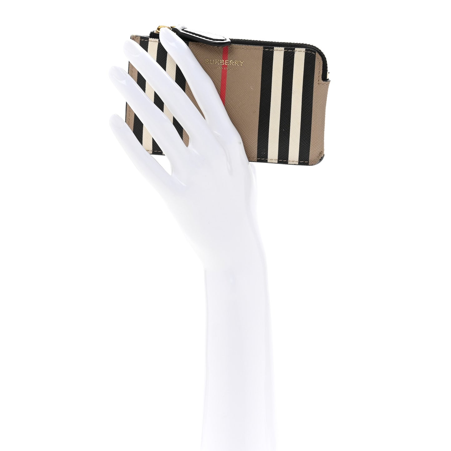 E-Canvas Calfskin Icon Stripe Zip Coin Case Archive Beige