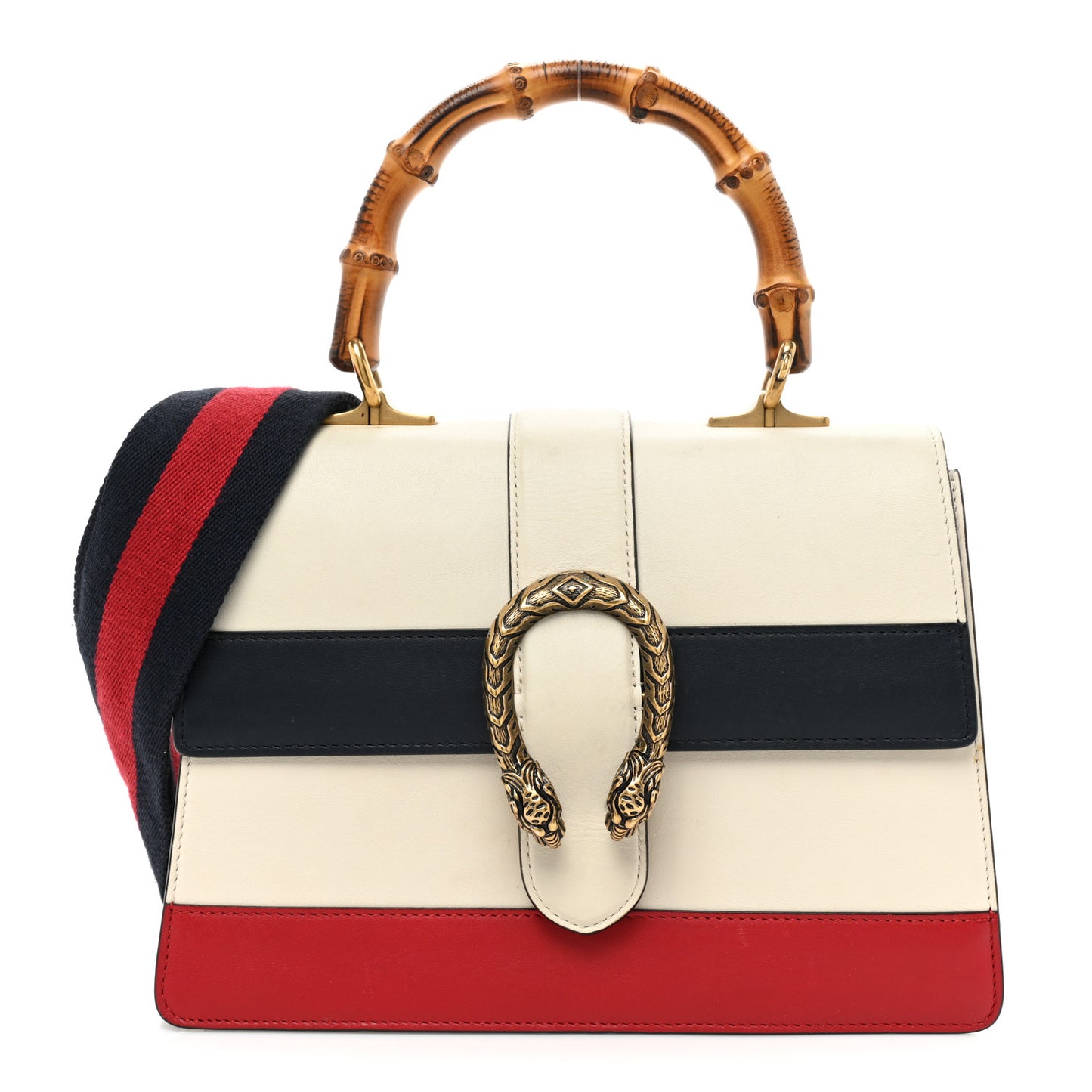 Calfskin Bamboo Web Medium Dionysus Top Handle Bag White Blue Hibiscus Red