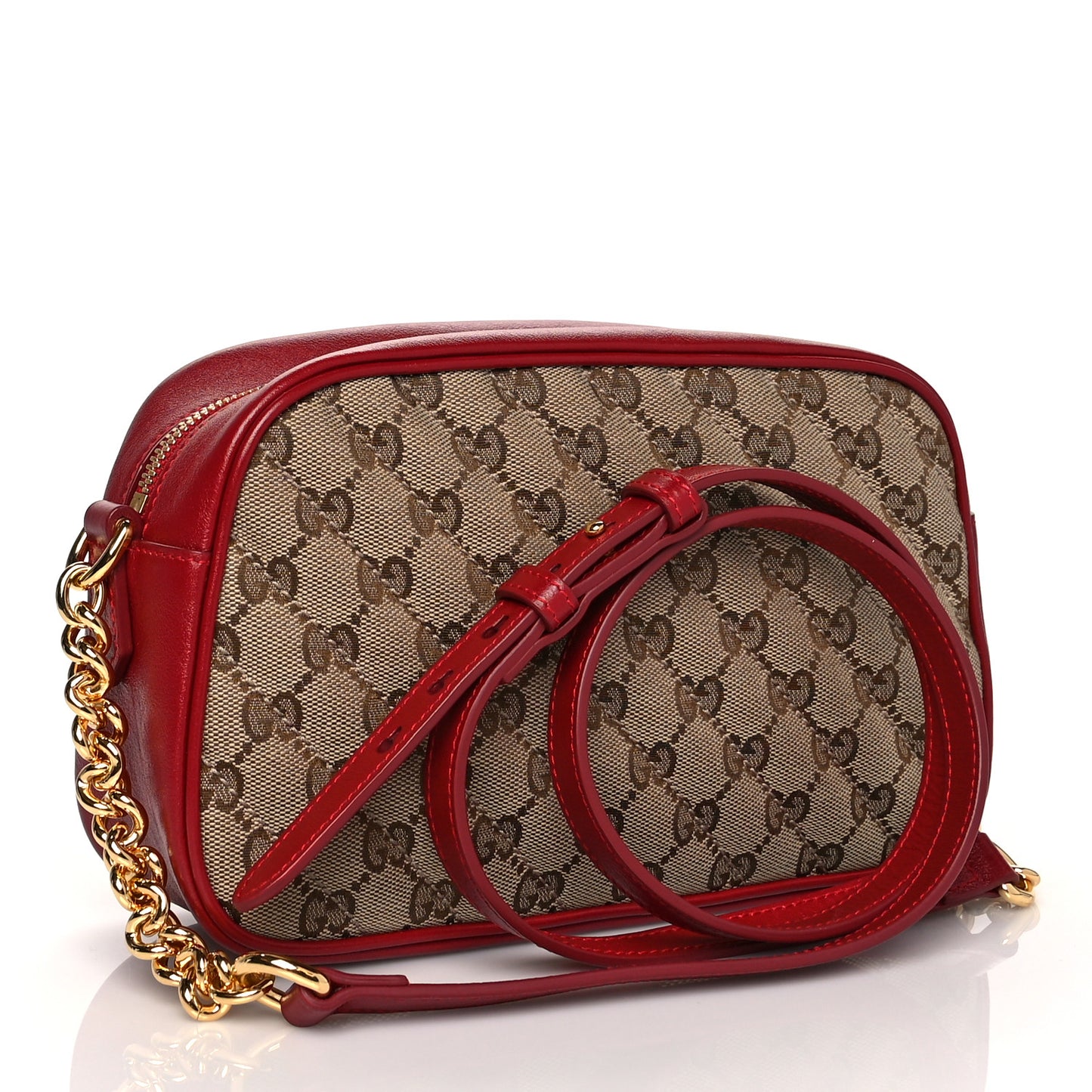 Monogram Azalea Calfskin Matelasse Diagonal Small GG Marmont Chain Shoulder Bag Beige Ebony New Cherry Red