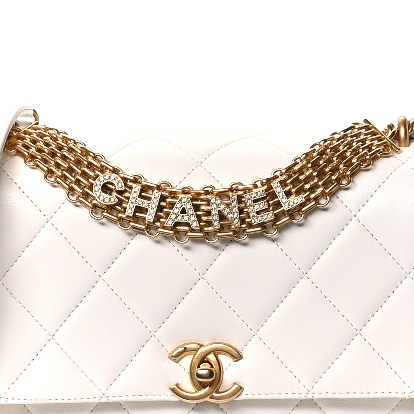 Lambskin Quilted CC Crystal Logo Chain Flap White