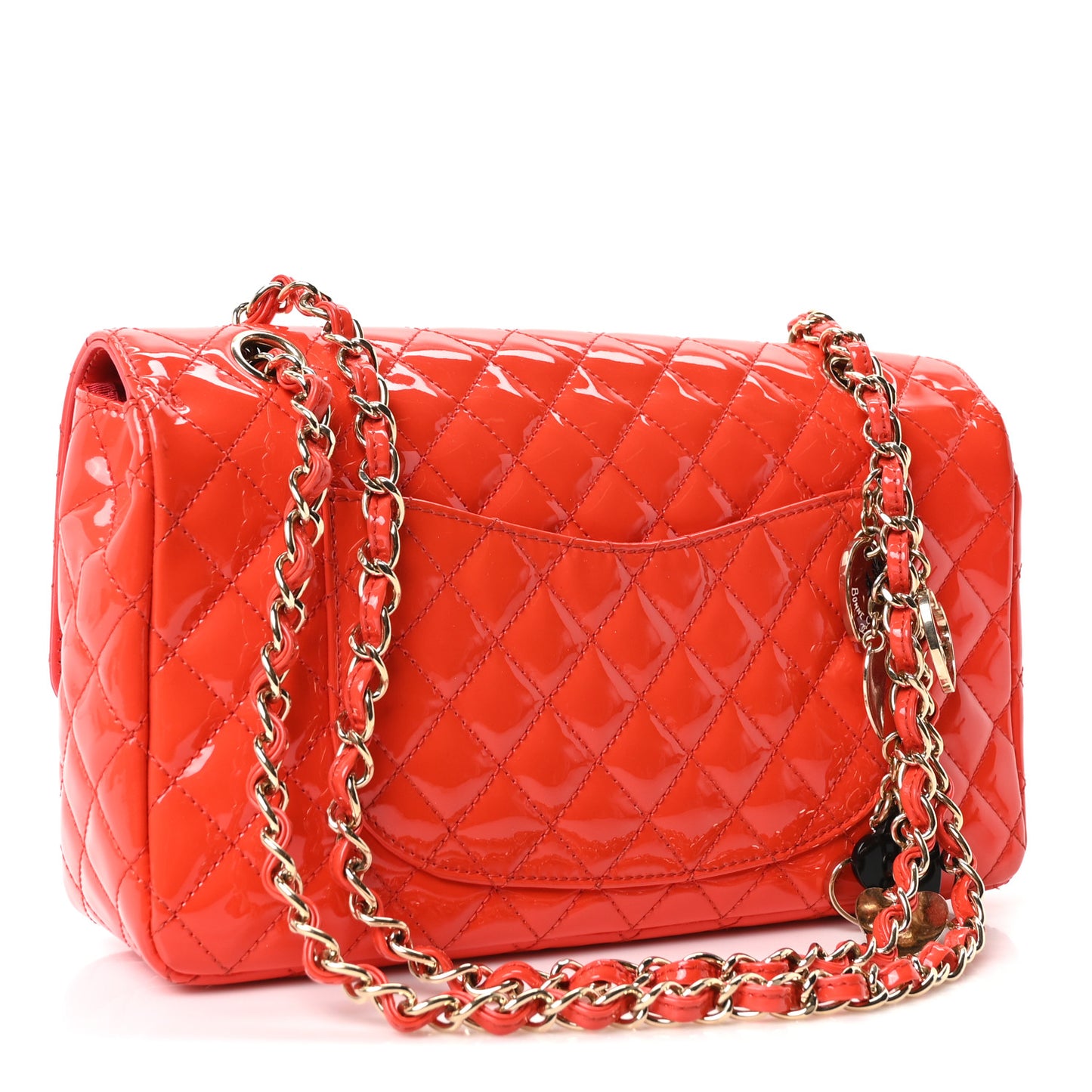 Patent Calfskin Quilted Valentine Charms Medium Single Flap Red