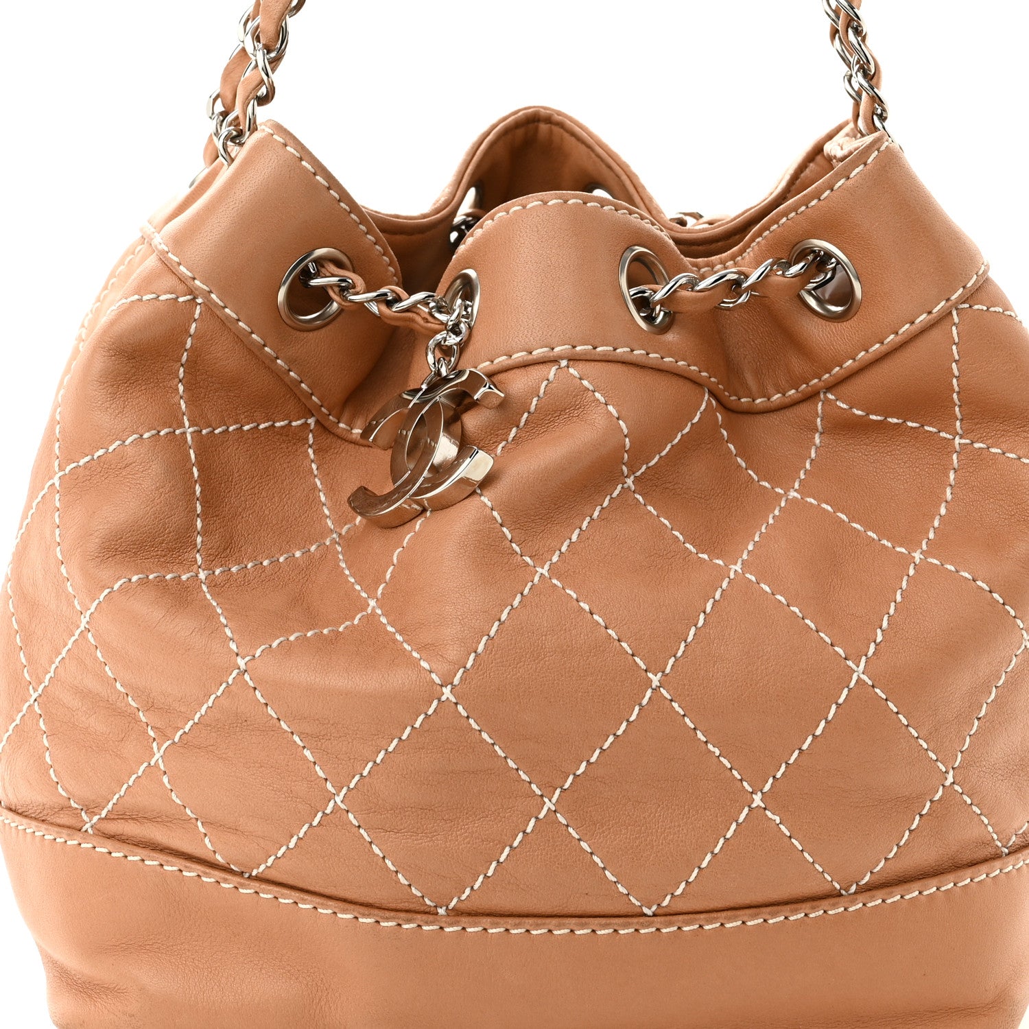 Chanel Lambskin Contrast Stitch Small Drawstring Tote Dark Beige 8 of 11