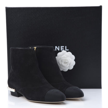 Chanel Suede Calfskin Pearl Cap Toe Short Boots 37.5 Black 10 of 10