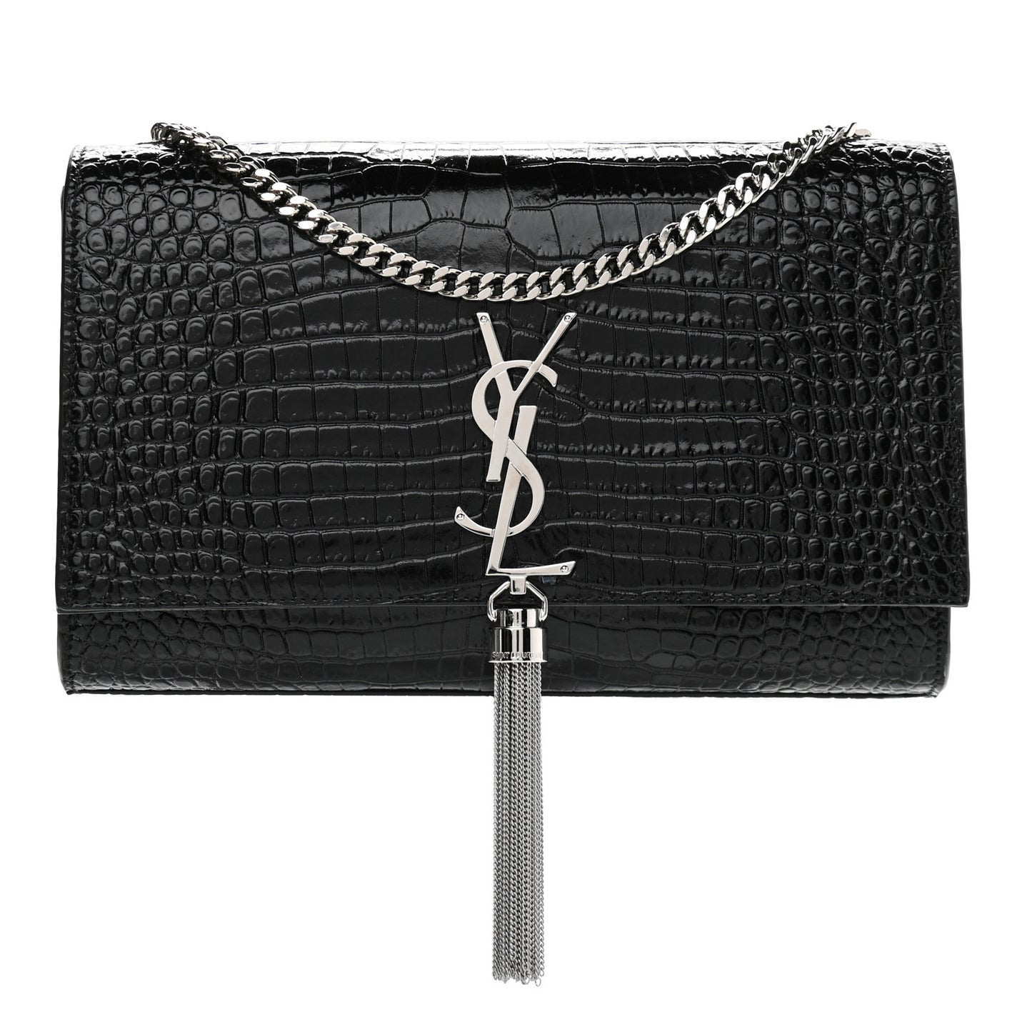 Calfskin Crocodile Embossed Medium Classic Monogram Kate Tassel Satchel Black