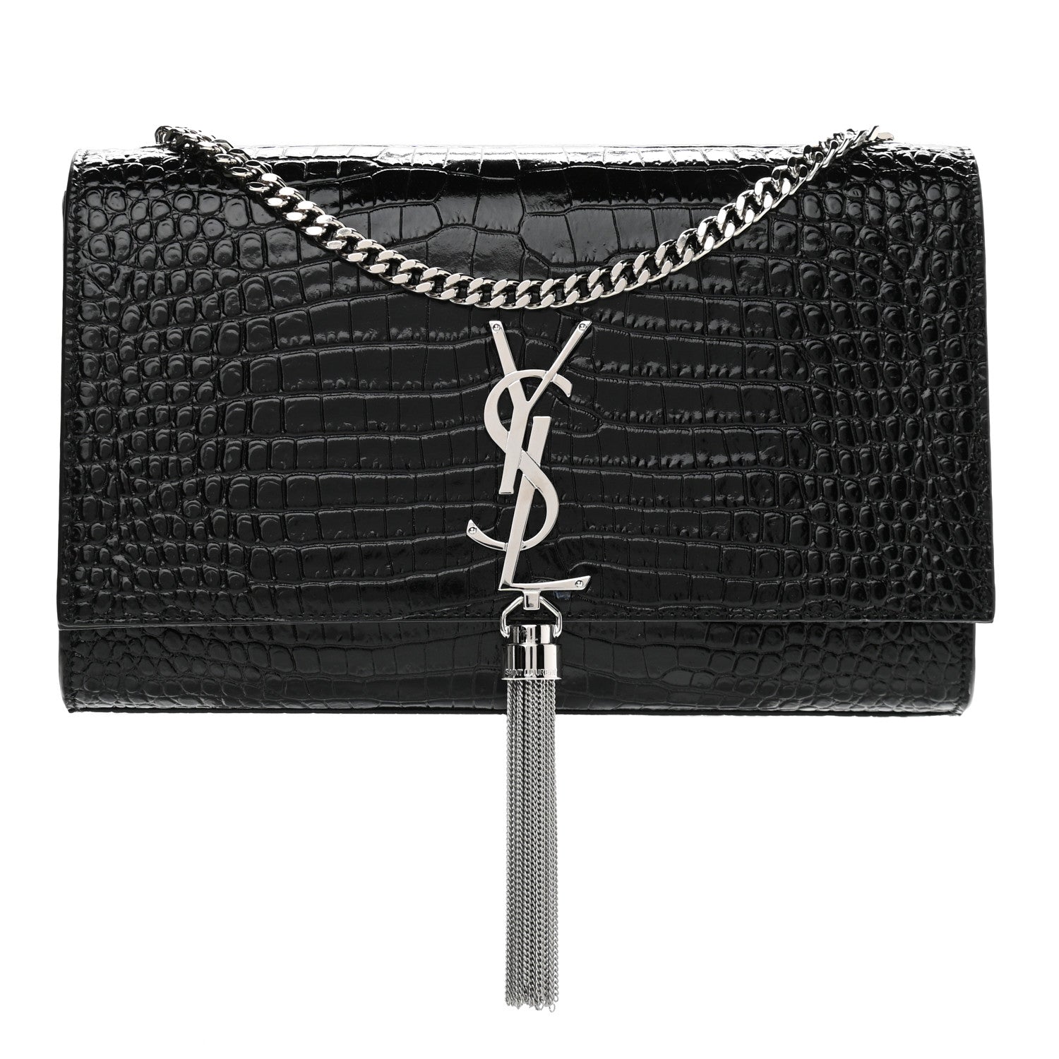 Saint Laurent Calfskin Crocodile Embossed Medium Classic Monogram Kate Tassel Satchel Black 1 of 9