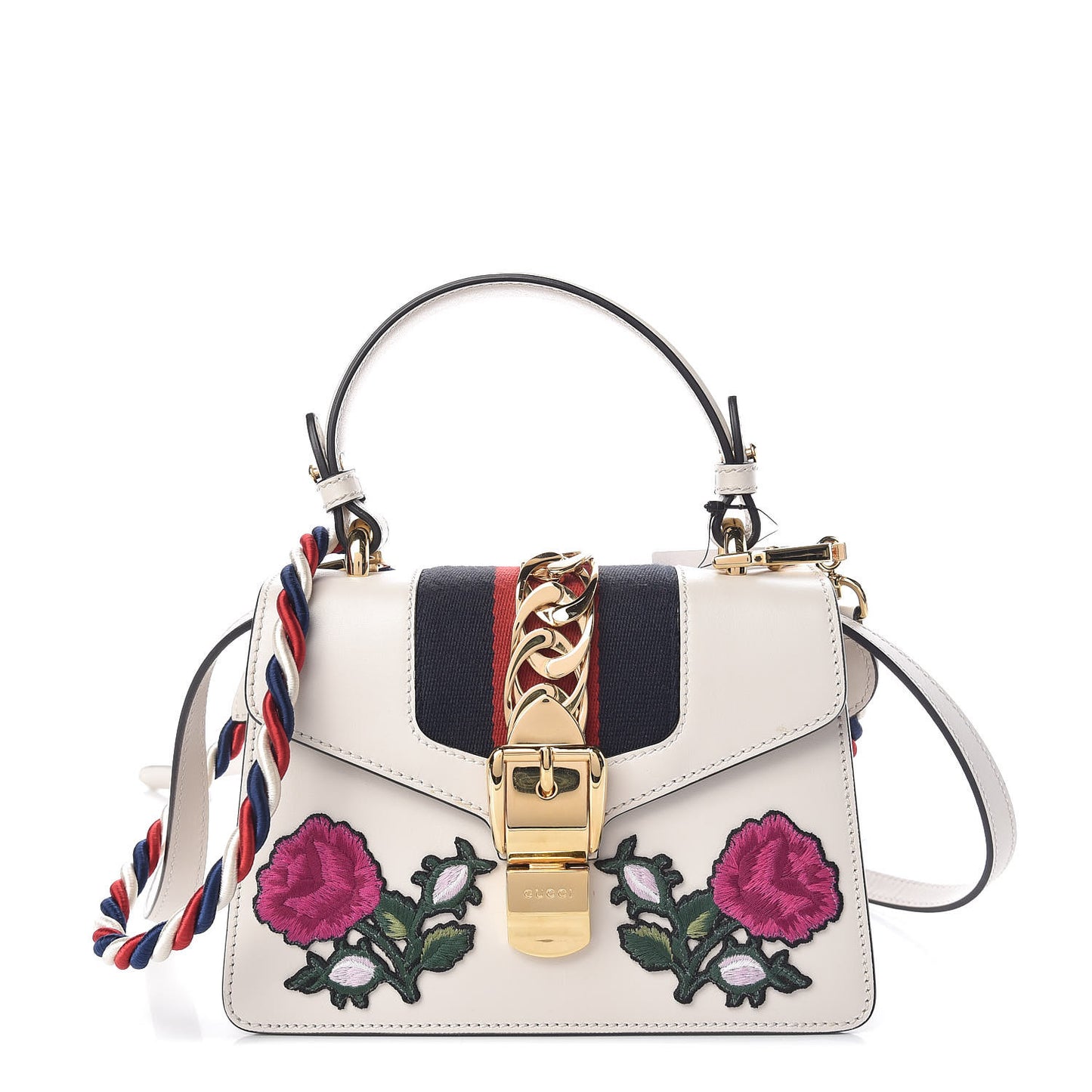 Calfskin Embroidered Mini Sylvie Top Handle Bag White