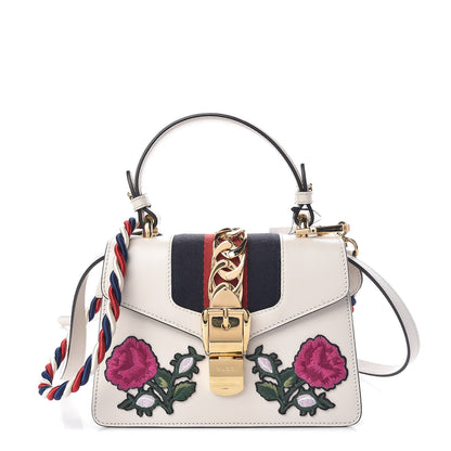 Gucci Calfskin Embroidered Mini Sylvie Top Handle Bag White 1 of 11