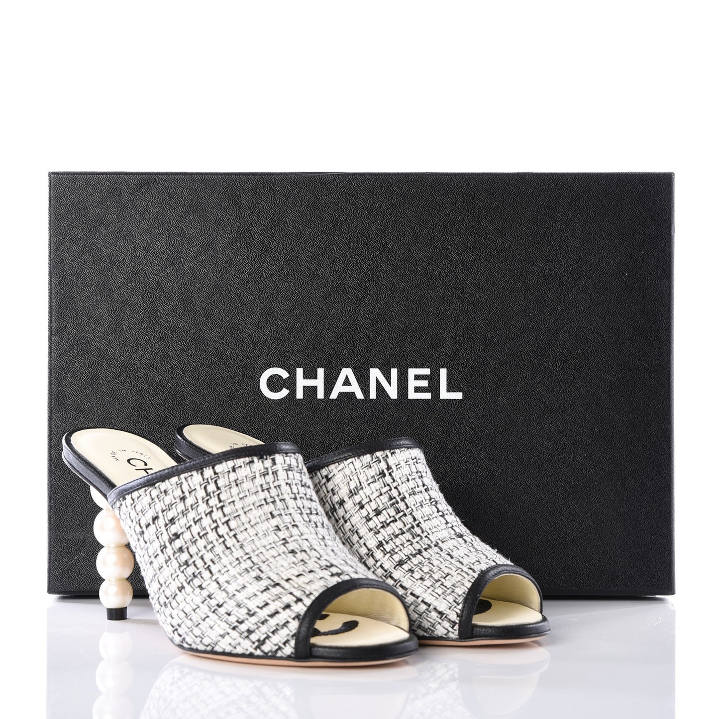 Tweed Goatskin Pearl Mules 35.5 Grey Beige Black