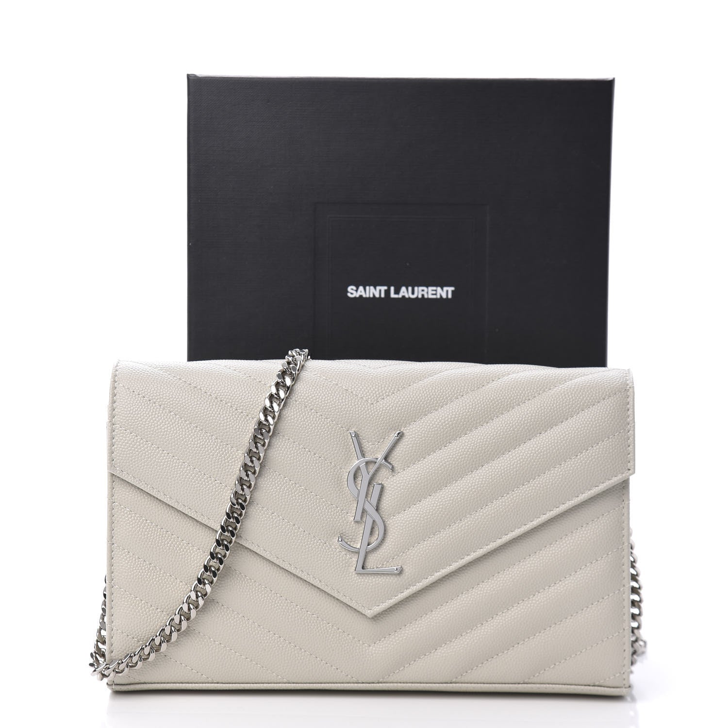 Saint Laurent Grain De Poudre Matelasse Chevron Monogram Chain Wallet Optical White 10 of 10