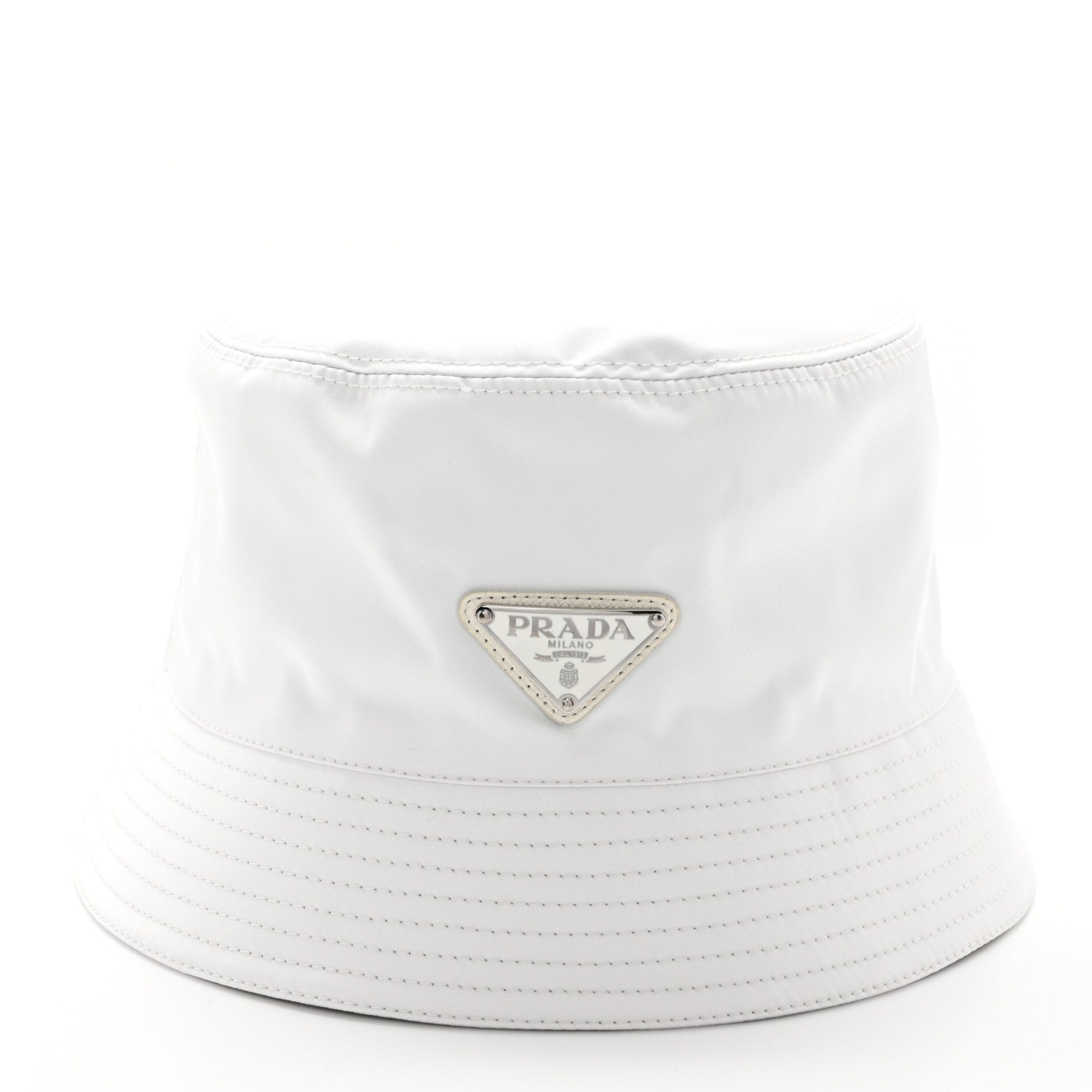 Prada Tessuto Nylon Metal Triangle Logo Womens Bucket Hat M White 1 of 8