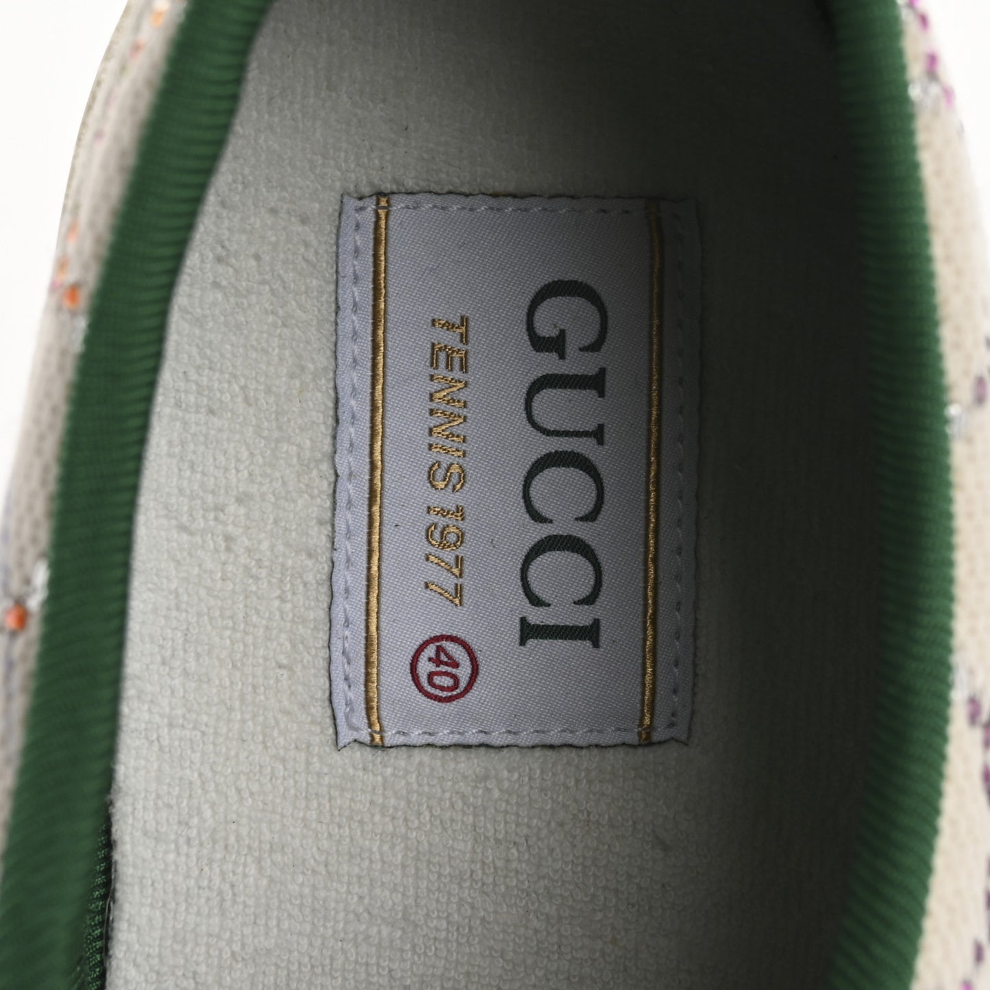 Canvas Lame Crystal GG Monogram Womens 1977 Tennis Sneakers 40 Gardenia Silver Mystic White