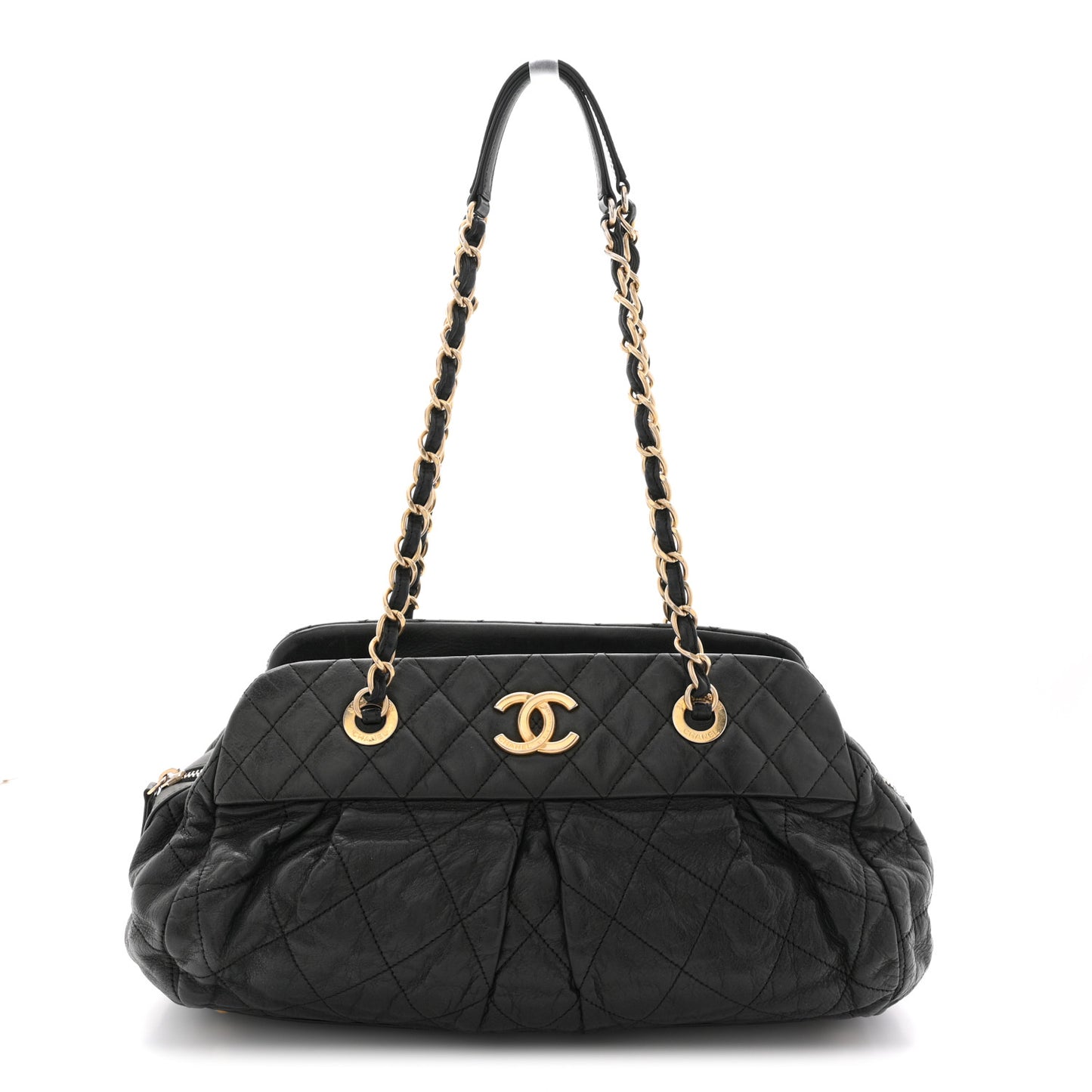 Iridescent Calfskin Chic Quilt Bowling Bag Black