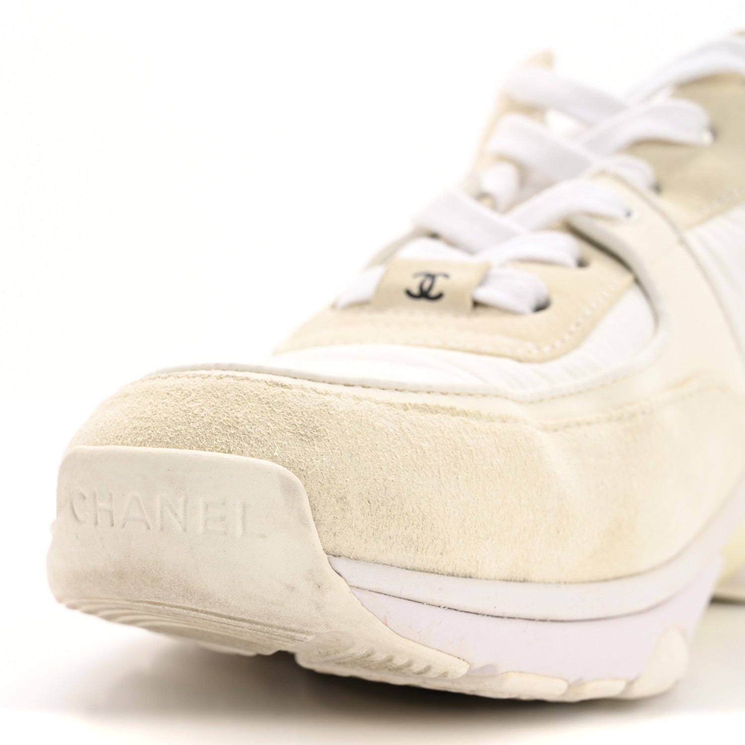 Chanel Suede Calfskin Fabric CC Sneakers 38 White 12 of 16