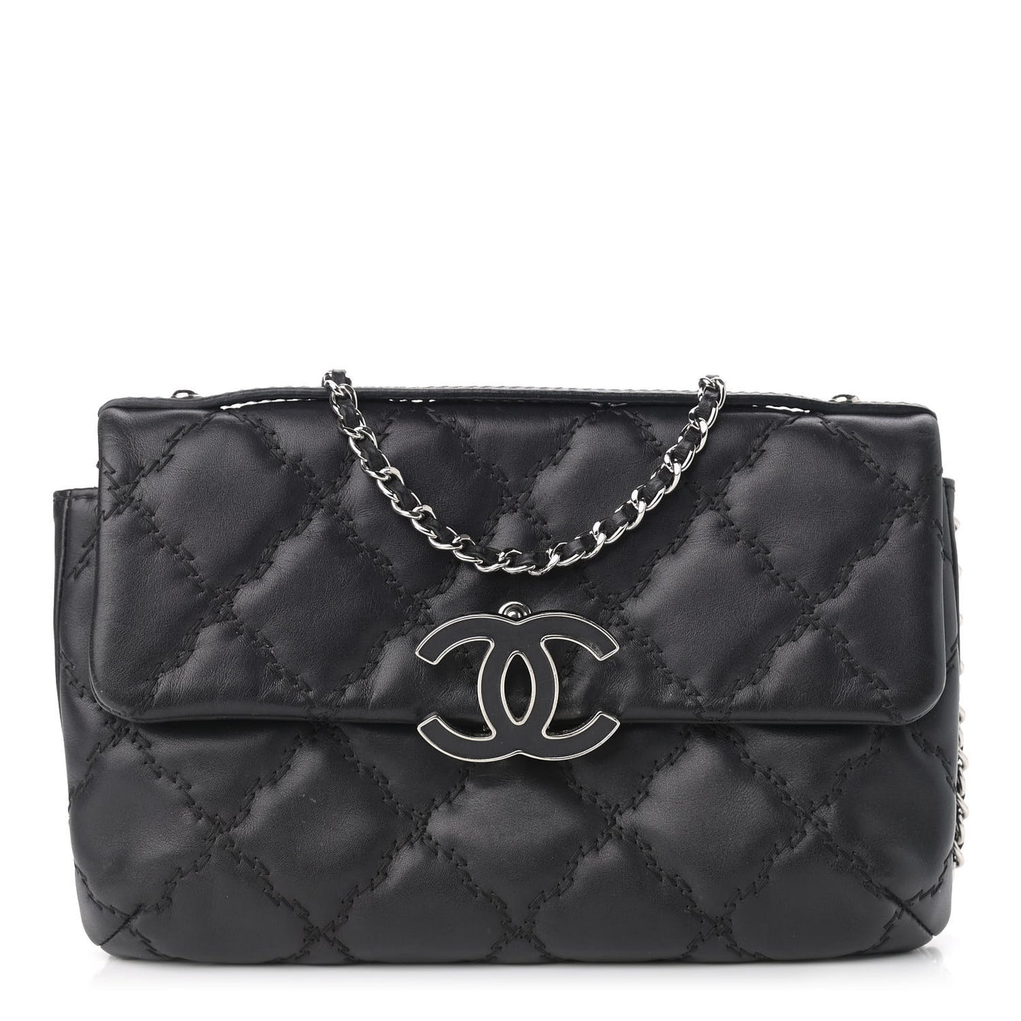 Calfskin Quilted Double Stitch Hamptons Clutch with Chain Black