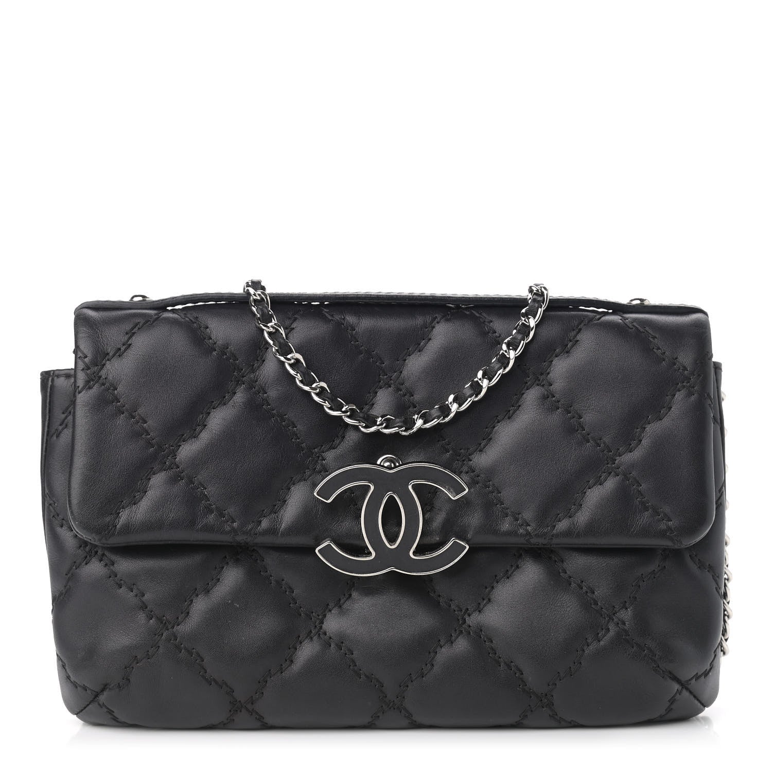 Chanel Calfskin Quilted Double Stitch Hamptons Clutch with Chain Black 1 of 10