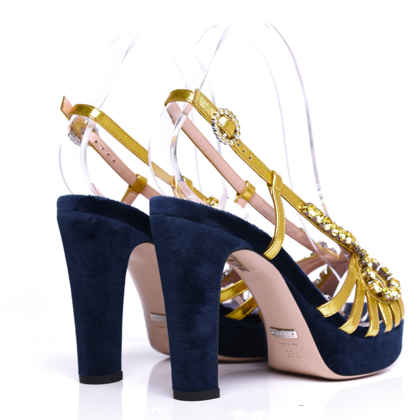 Velvet Nappa Crystal Zephyra Slingback Platform High Heel Sandals 36.5 Blue Gold
