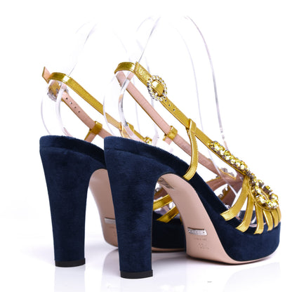 Gucci Velvet Nappa Crystal Zephyra Slingback Platform High Heel Sandals 36.5 Blue Gold 4 of 10