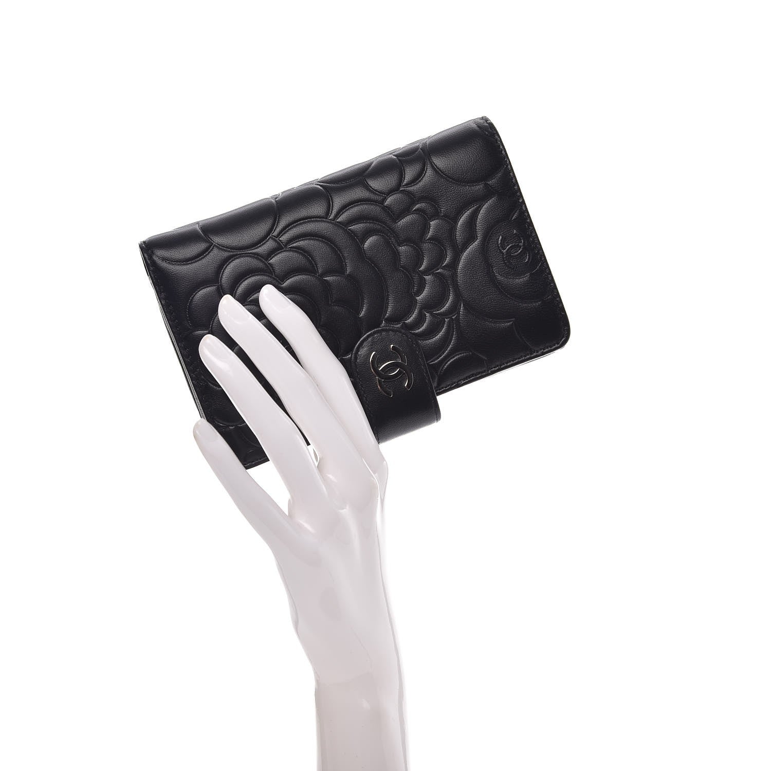 Chanel Lambskin Camellia Embossed Zipped Pocket Wallet Black 2 of 9