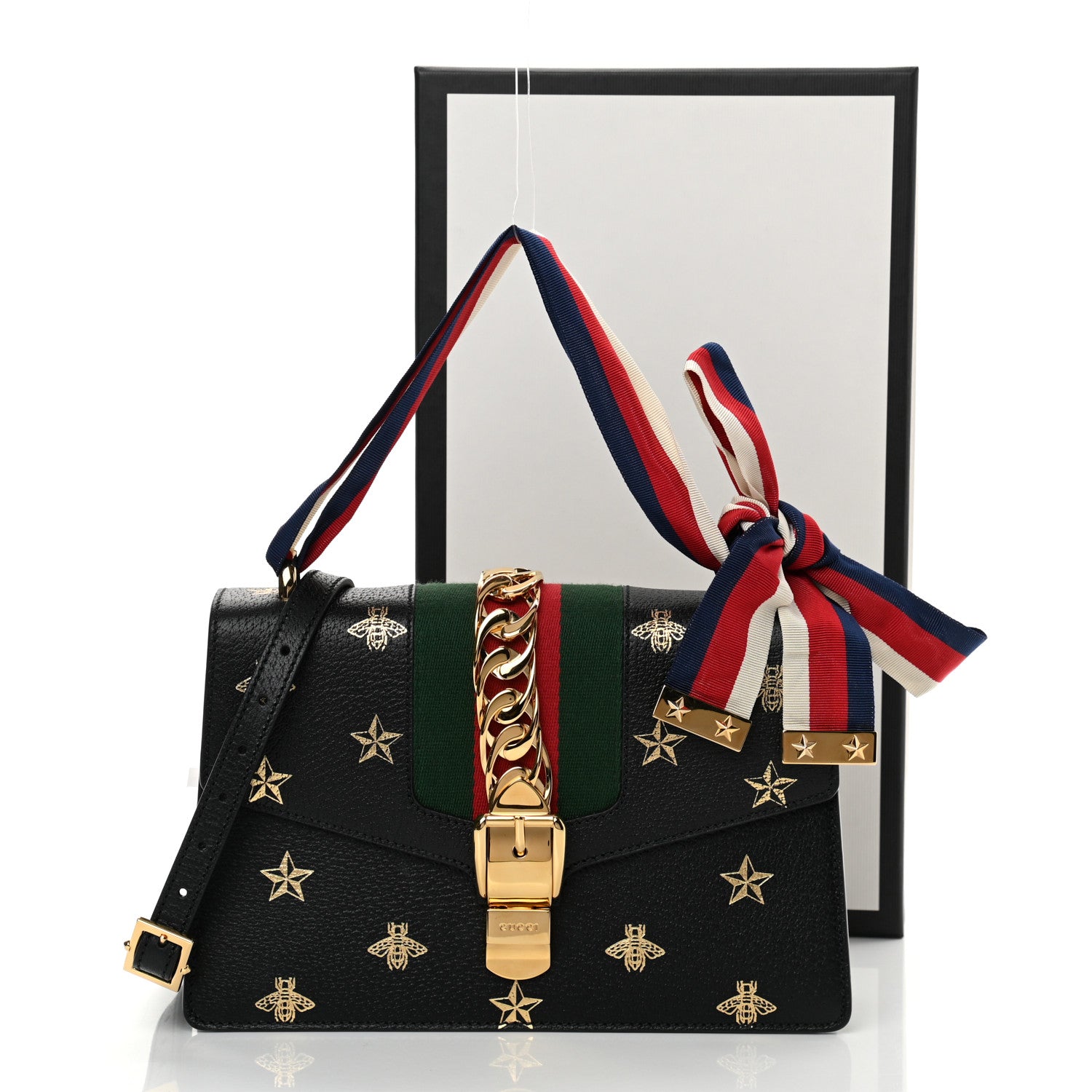 Gucci Textured Calfskin Bee Star Print Small Sylvie Shoulder Bag Black 13 of 13
