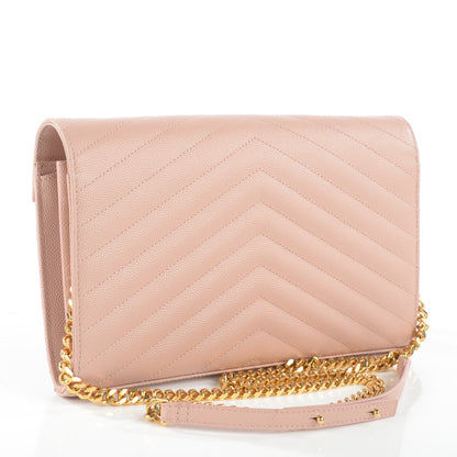 Saint Laurent Grain De Poudre Matelasse Chevron Monogram Chain Wallet Pale Blush 3 of 7