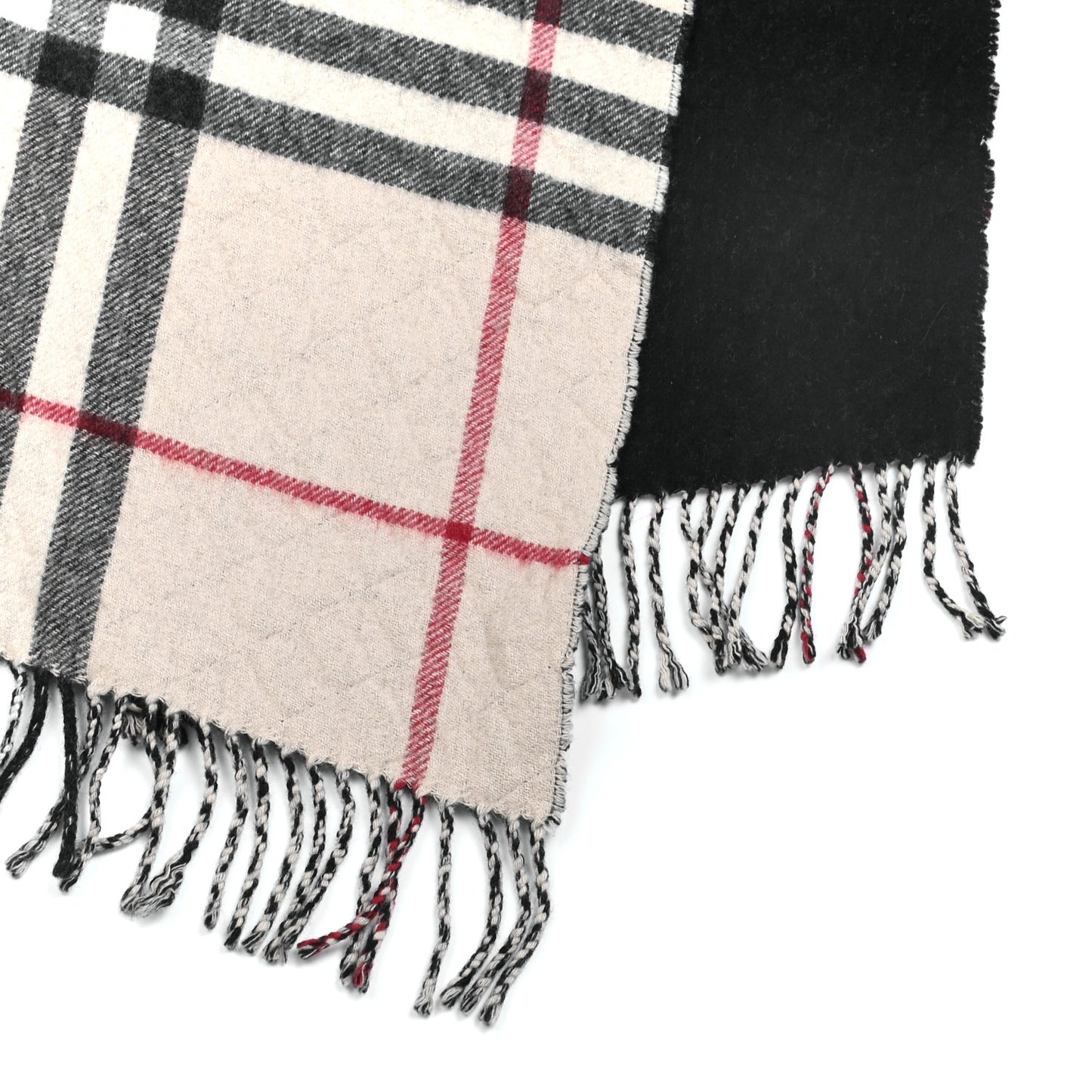 Cashmere Wool Half Mega Check Reversible Fringe Scarf Black