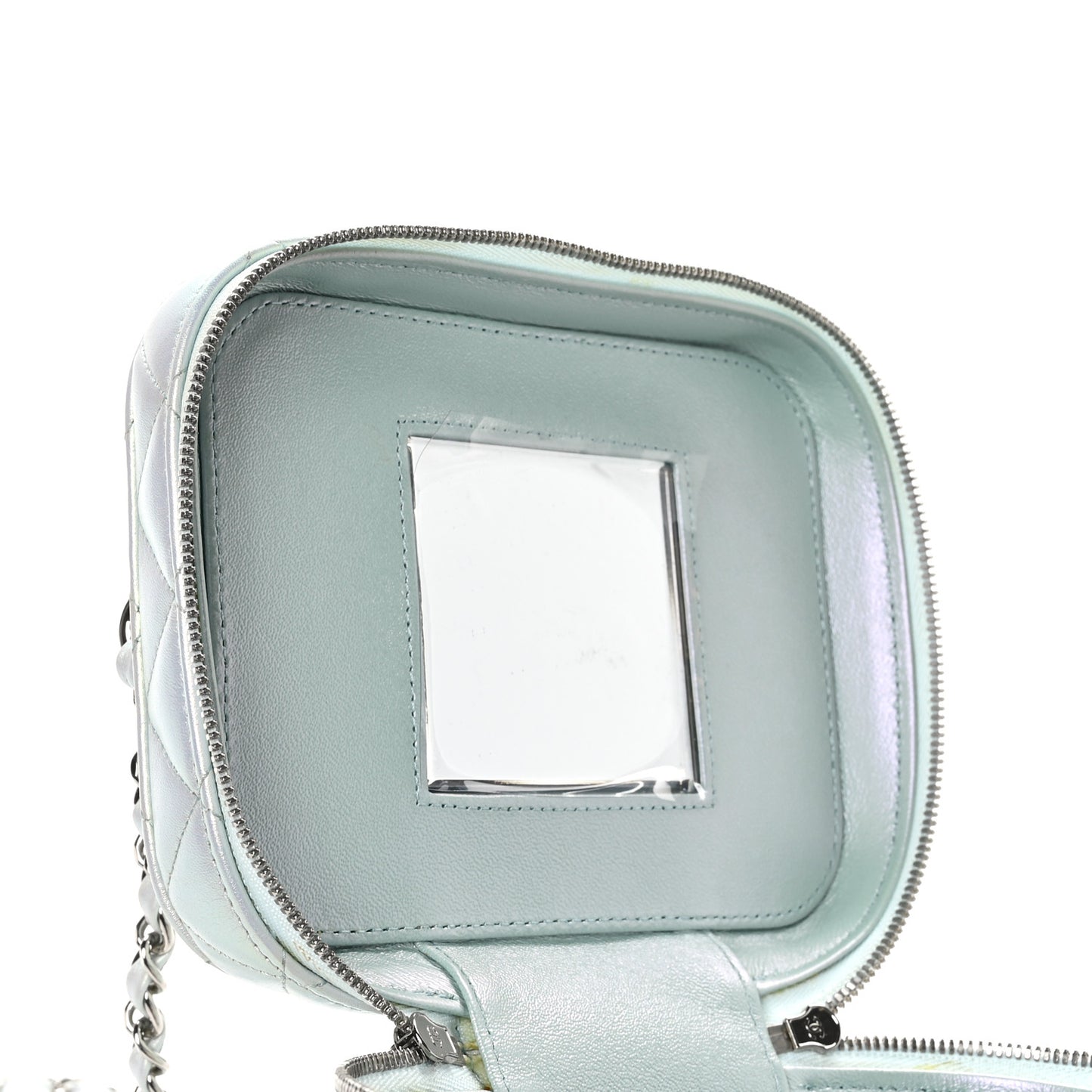 Iridescent Calfskin Quilted Small Top Handle Vanity Case With Chain Blue
