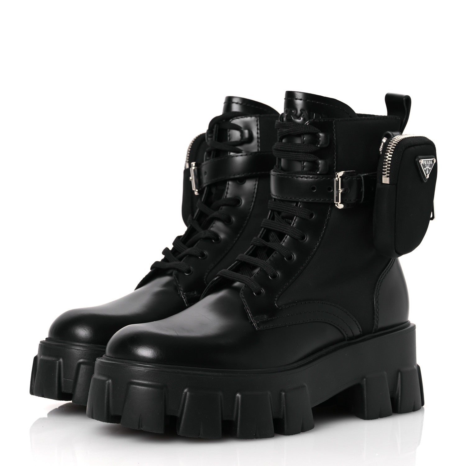 Prada Spazzolato Rois Nylon Metal Triangle Logo Monolith Pouch Pocket 55mm Boots 38 Black 4 of 11