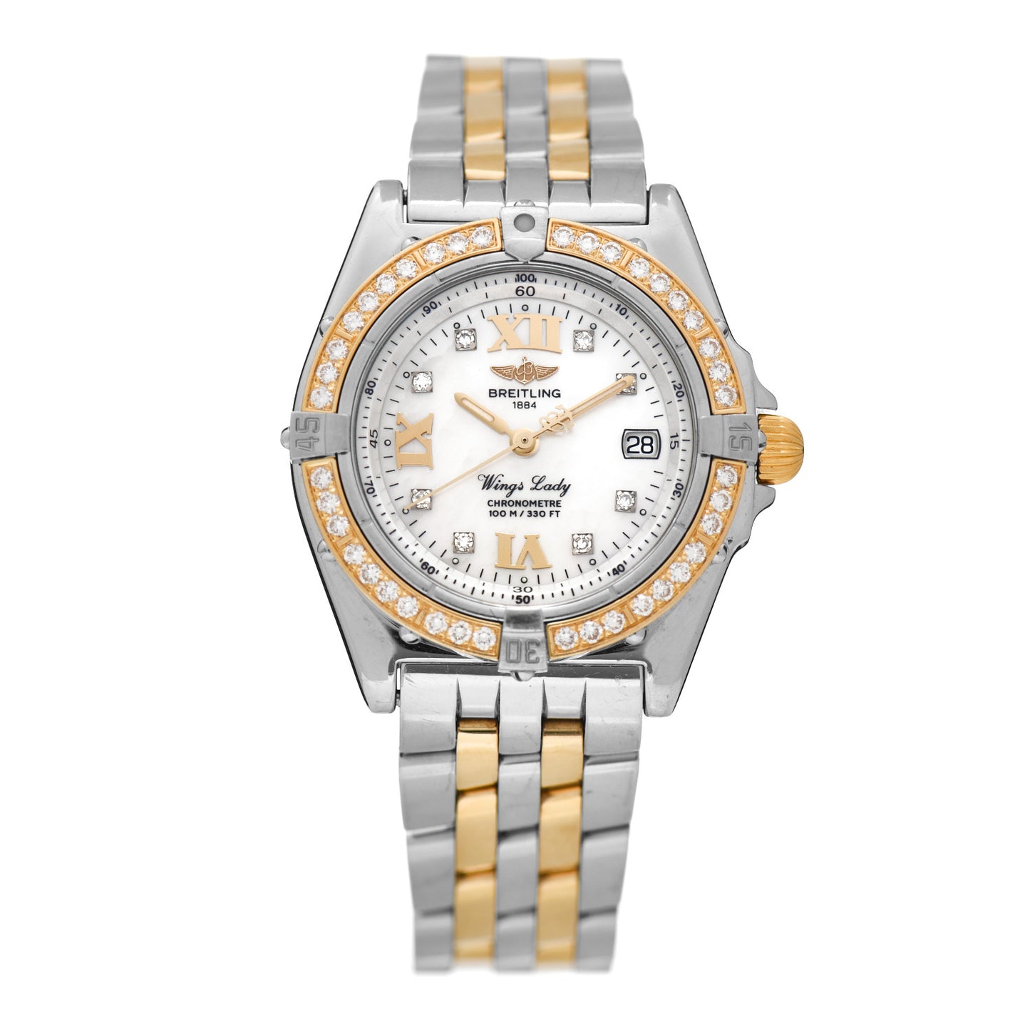 Stainless Steel 18K Yellow Gold Diamond Mother of Pearl 30mm Wings Lady Quartz Watch S67350