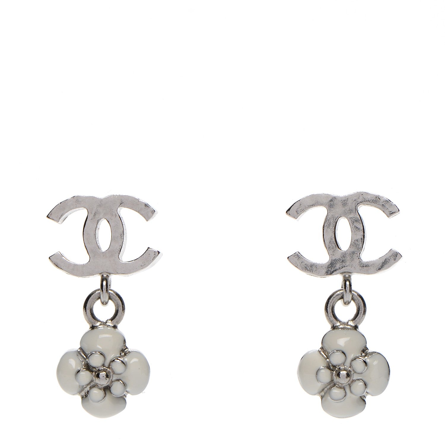 Chanel Enamel CC Camellia Drop Earrings Silver 1 of 4
