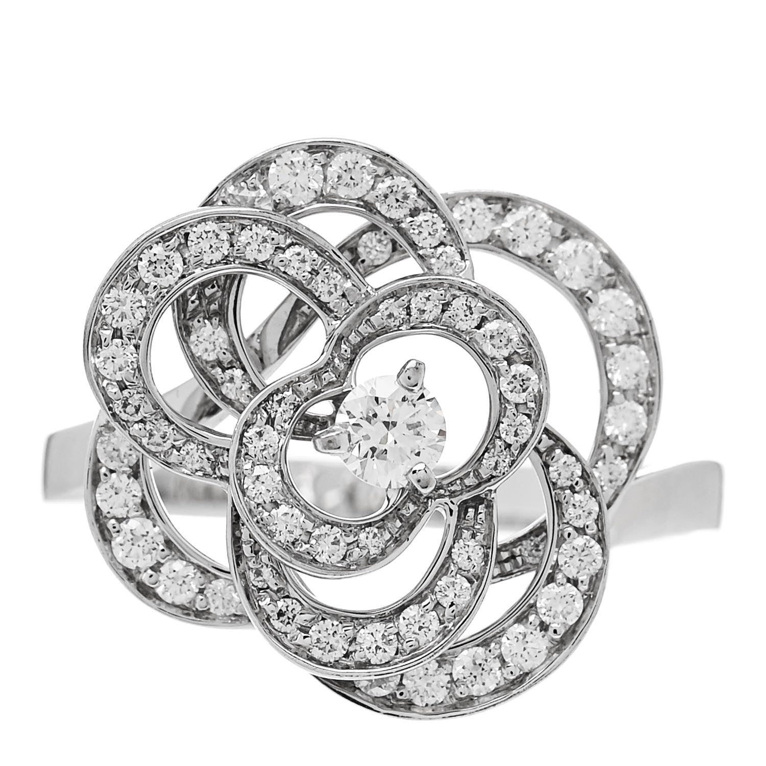 Chanel 18K White Gold Diamond Medium Fil de Camelia Ring 57 8 1 of 6