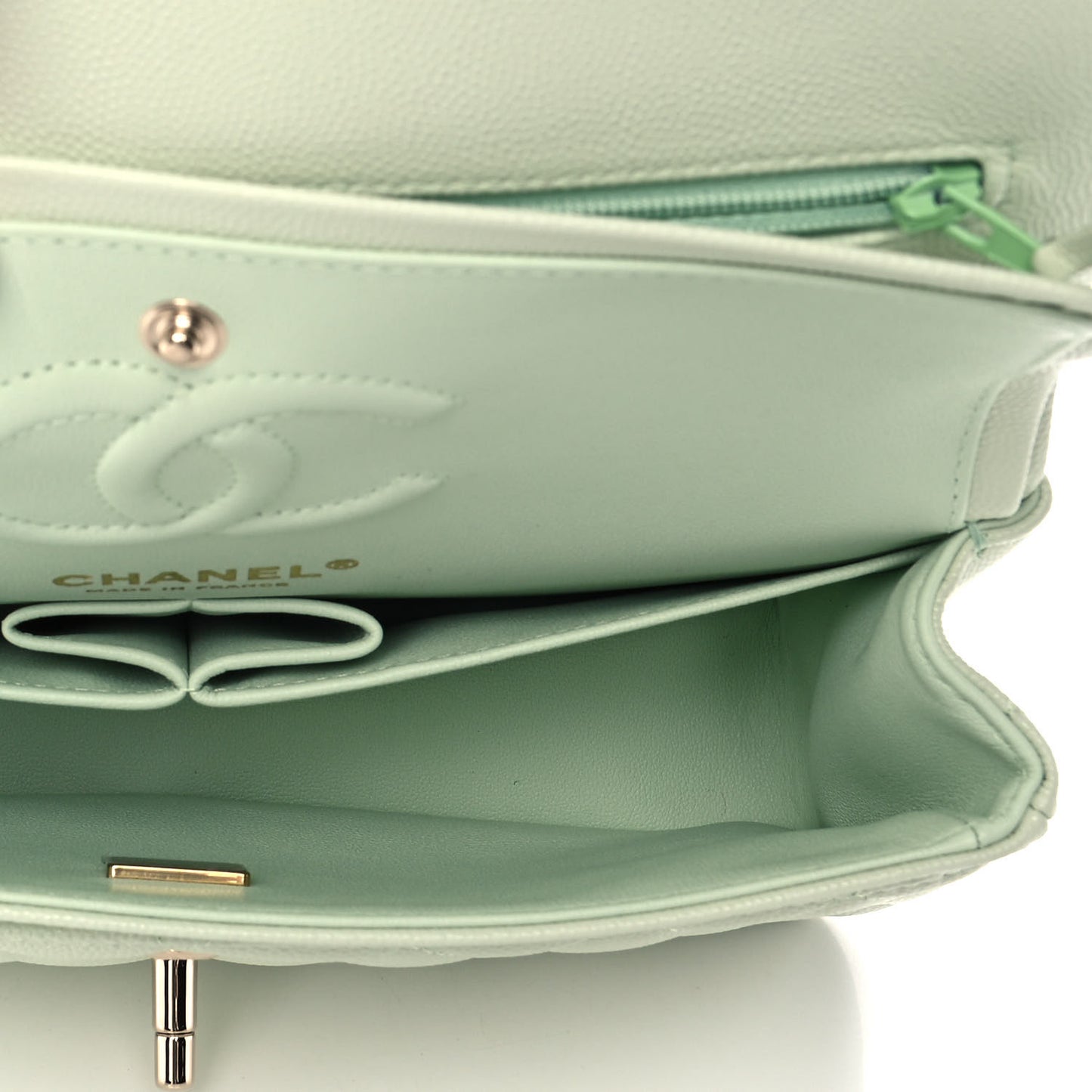 Caviar Quilted Small Double Flap Light Green