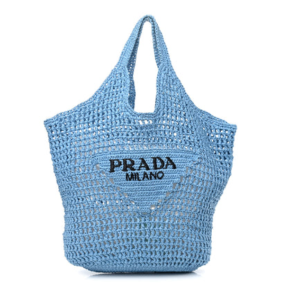 Prada Yarn Raffia Effect Crochet Logo Embroidered Shopping Tote Bag Celeste 1 of 11
