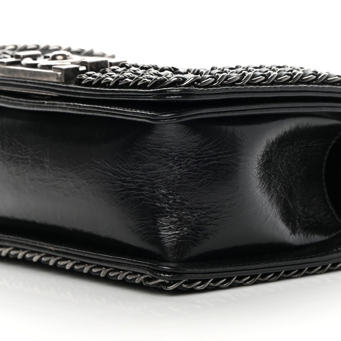 Glazed Calfskin Quilted Small Boy Chained Flap Black