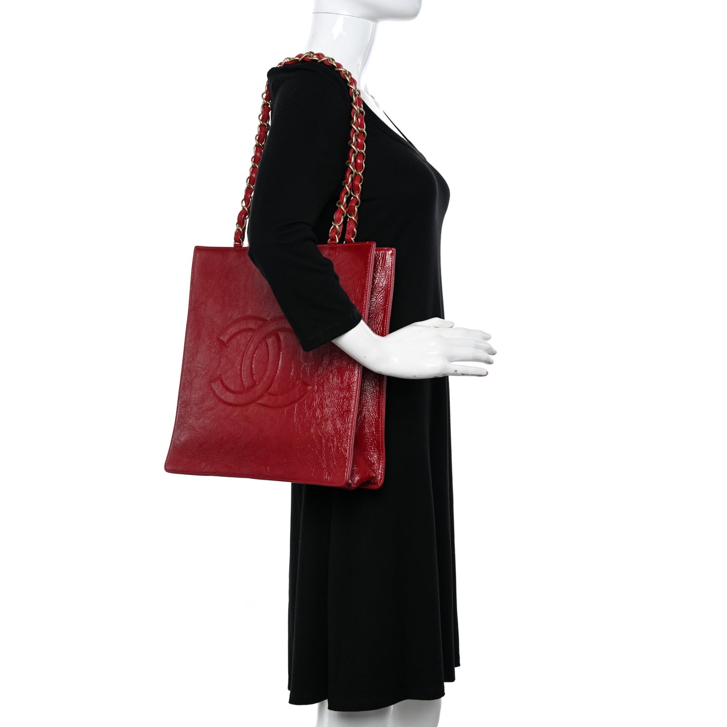 Shiny Aged Calfskin North South Shopping Bag Red