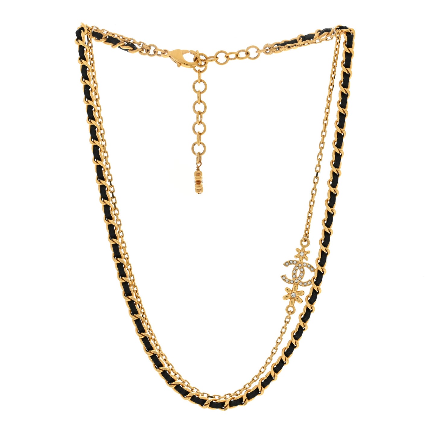 Metal Lambskin Crystal CC Double Chain Necklace Black Gold