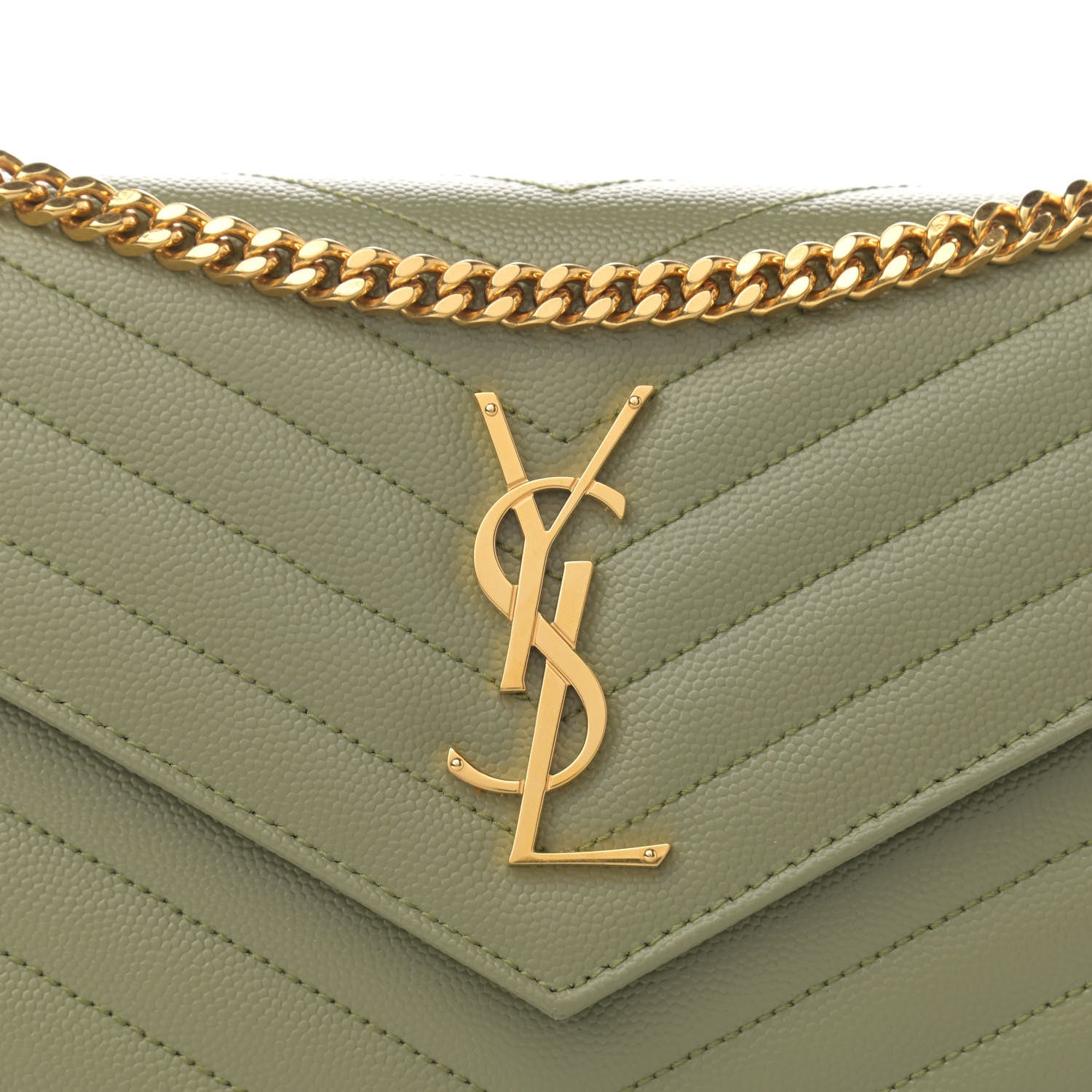 Saint Laurent Grain De Poudre Matelasse Chevron Monogram Chain Wallet Pistachio 8 of 11