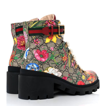 Gucci GG Supreme Monogram Flora Lace Up Combat Ankle Boots 39 Beige Multicolor Red 4 of 9