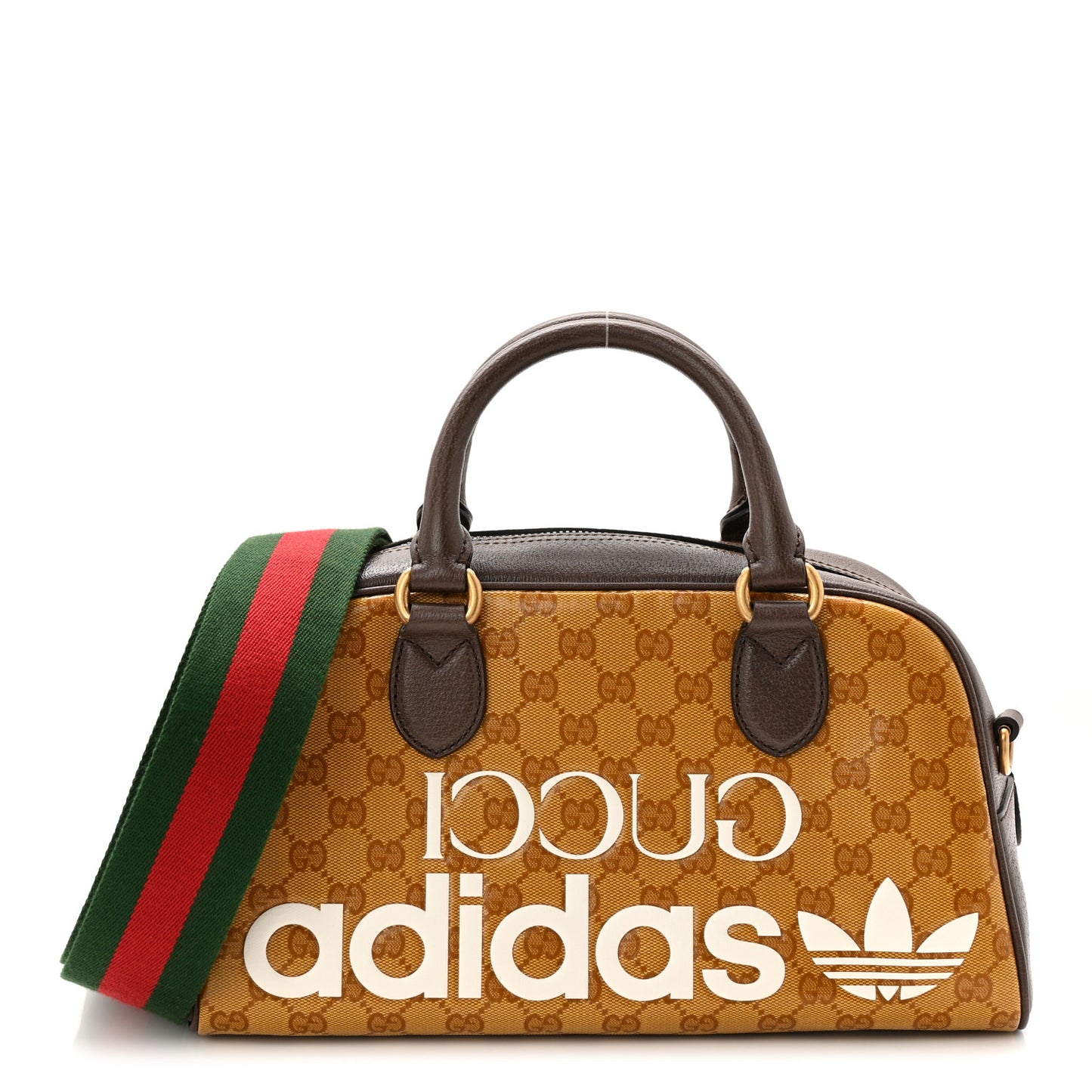 X ADIDAS Crystal Vintage Monogram Textured Dollar Calfskin Web Trefoil Logo Mini Bowling Bag Mid Natural Nut Off White New Acero