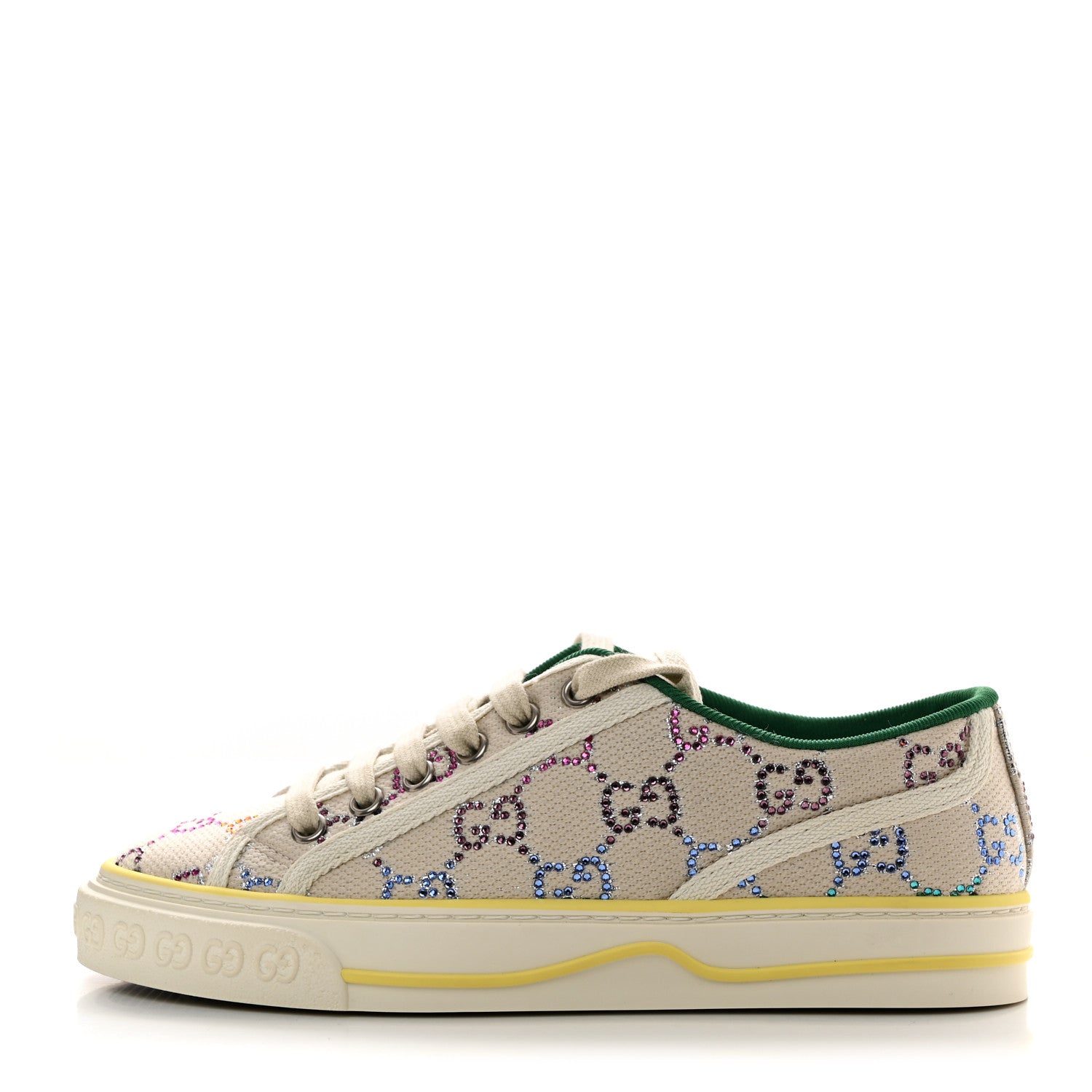 Gucci Canvas Lame Crystal GG Monogram Womens 1977 Tennis Sneakers 35.5 Gardenia Silver Mystic White 1 of 8