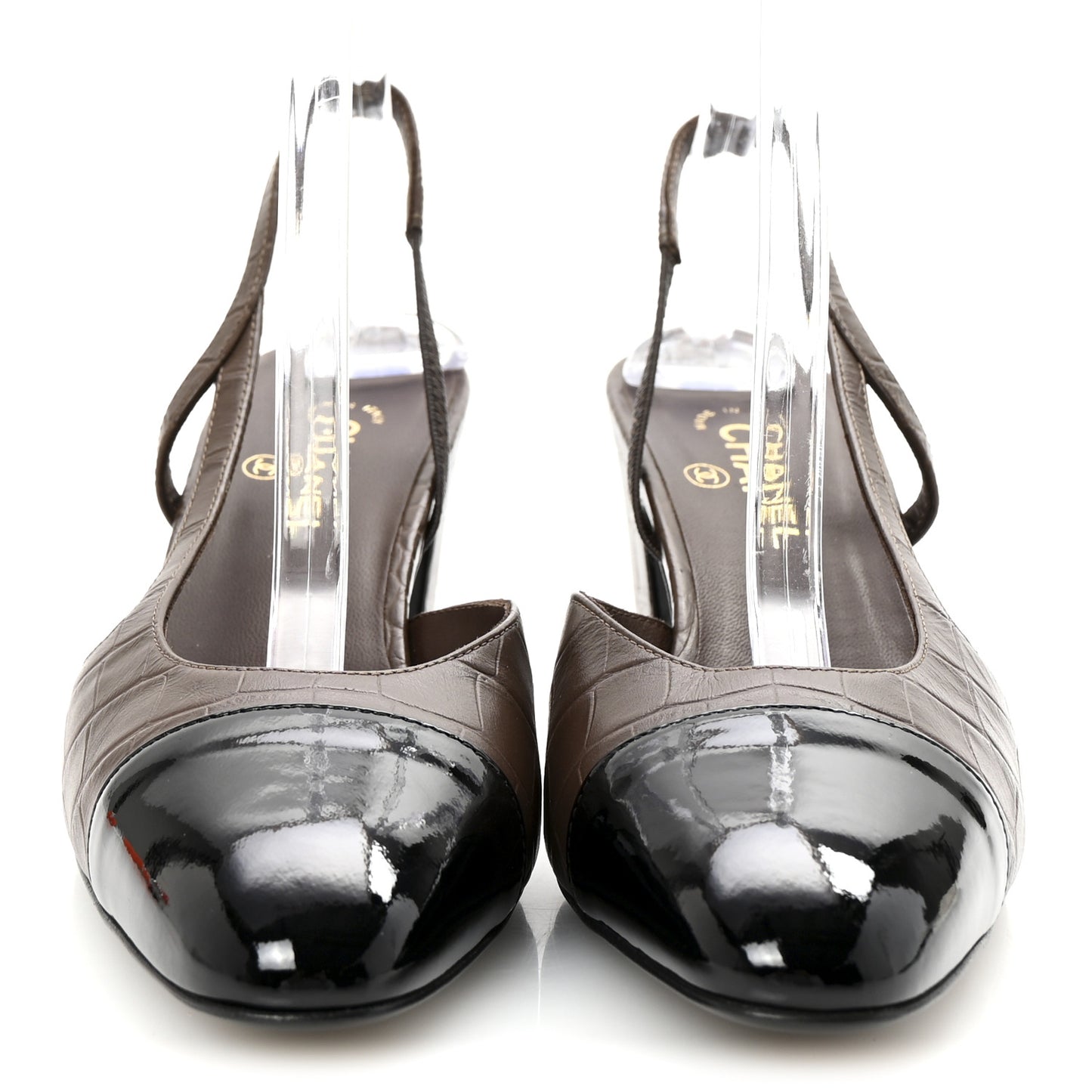 Calfskin Crocodile Embossed Patent Cap Toe CC Slingback Sandals 41 Brown Black