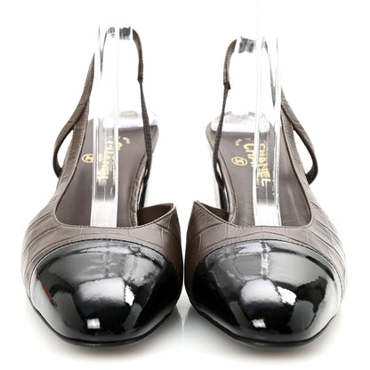 Chanel Calfskin Crocodile Embossed Patent Cap Toe CC Slingback Sandals 41 Brown Black 3 of 9