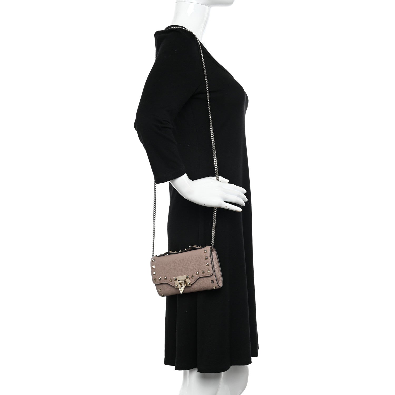 Valentino Garavani Pebbled Calfskin Rockstud Flip Lock Wallet On Chain Poudre 2 of 9