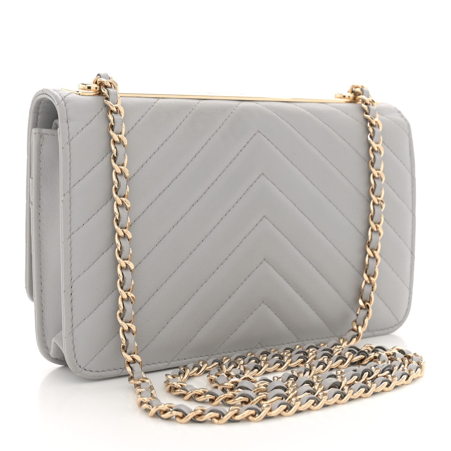 Chanel Lambskin Chevron Quilted Trendy CC Wallet On Chain WOC Grey 3 of 12